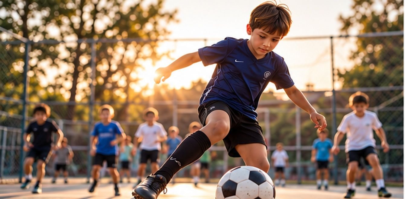 Menino jogando futebol em uma quadra comunitária ao pôr do sol, com outras crianças ao fundo
