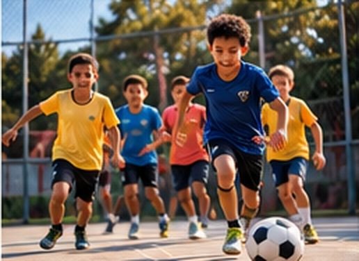Crianças e jovens praticando esporte em um espaço comunitário