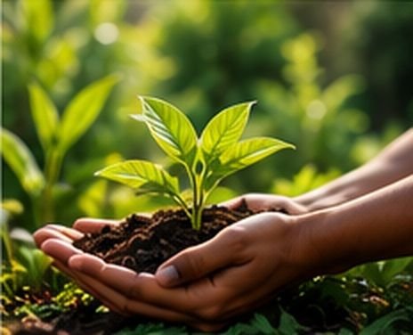 Mãos plantando uma muda na terra