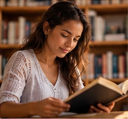 Jovem lendo um livro em uma biblioteca