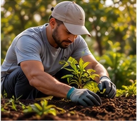 Mãos cuidando de uma pequena planta, simbolizando acompanhamento e cuidado