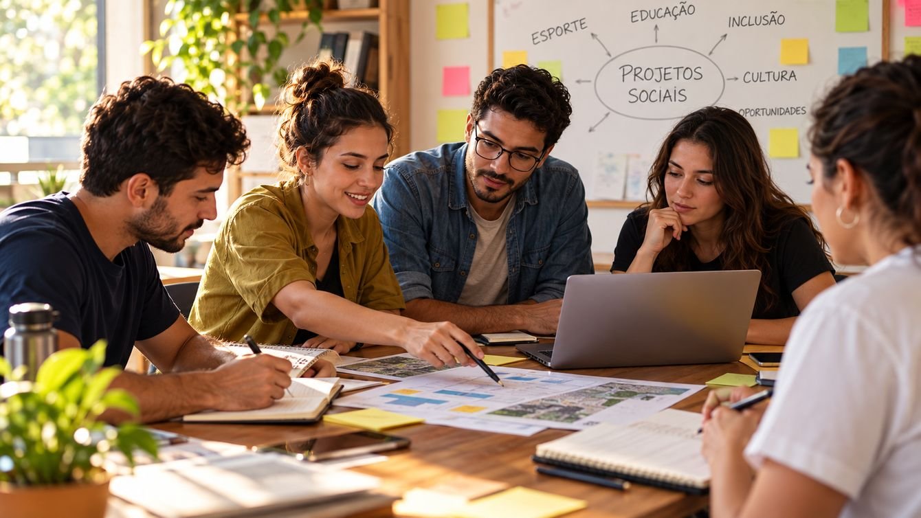 Equipe reunida em volta de uma mesa planejando projetos sociais, com mapas, cadernos, notebook e um quadro de ideias ao fundo
